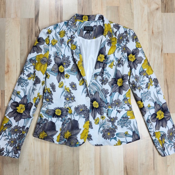 Countess Floral Print Blazer Jacket -‎ Yellow Gray Flowers - Career - Size M - Picture 1 of 6